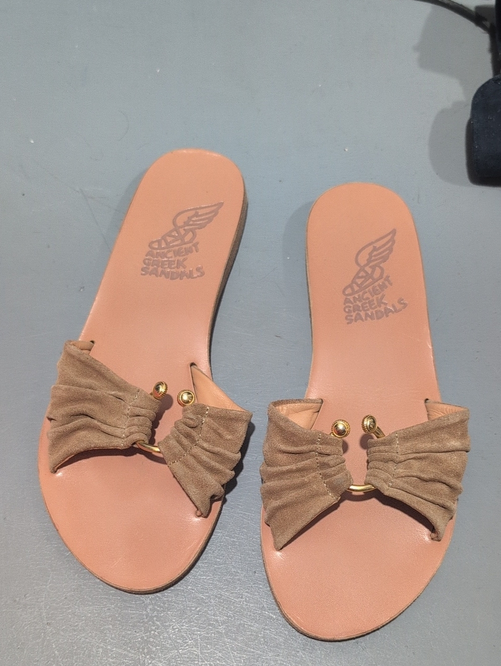Ancient Greek Sandals Women’s Tan Suede Bow Slide Sandals